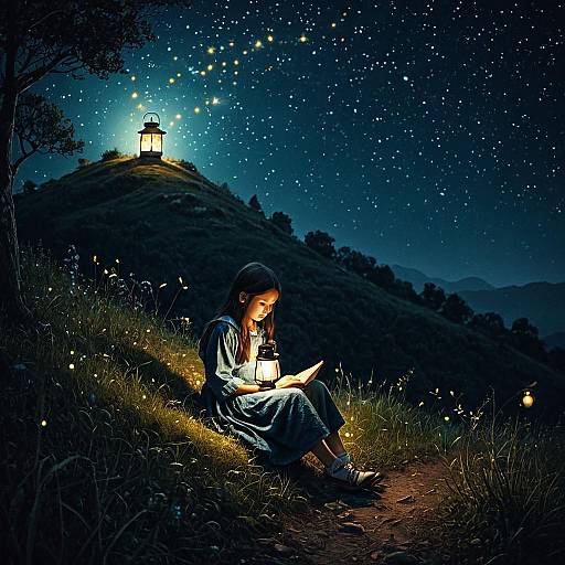 Girl Reading by Lantern on Hill at Night