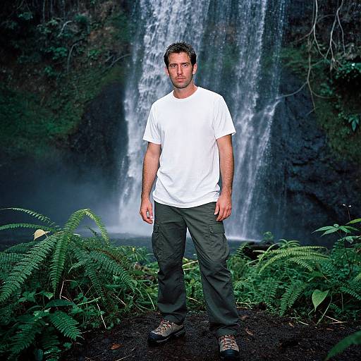 Photograph of a bearded man in a white t-shirt and green pants standing in front of a tall, cascading waterfall surrounded by lush green fern