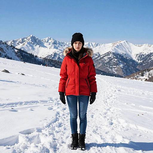 Photograph of a young woman in a red winter jacket, black beanie, black gloves, and blue jeans standing in a snowy mountain landscape with snow