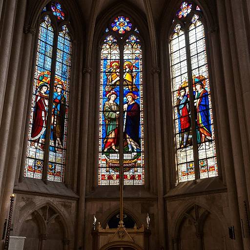 Photograph of vibrant, detailed stained glass windows depicting biblical scenes with colorful figures in medieval robes, set in a Gothic cathedral.
