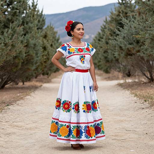 Photograph of a Latina woman in a colorful Mexican dress with floral embroidery, red belt, and red hair flower, standing on a dirt path surrounded by