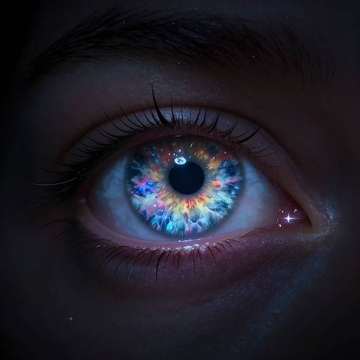 Close-up photograph of a vivid, iridescent blue eye with intricate multicolored reflections, set against a dark background.