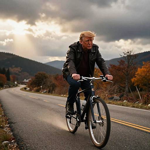 Photograph of a determined, blonde man in a black jacket riding a black bicycle on a winding, rural road under dramatic, cloudy skies. Autumn foliage