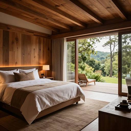 Photograph of a cozy, wooden-paneled bedroom with a large bed, white linens, wooden ceiling, glass doors opening to a sunny, green