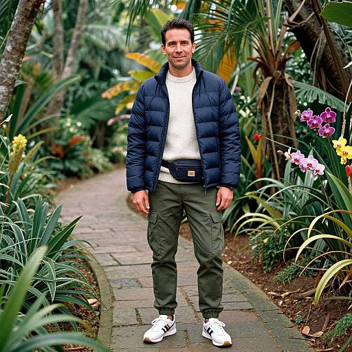 Photograph of a smiling man in a navy puffer jacket, white sweater, dark pants, and white sneakers, standing on a garden path surrounded by
