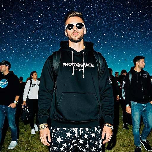 Man Wearing Hoodie and Sunglasses at Night Rave