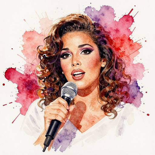 Watercolor-style digital illustration of a curly-haired woman with vibrant makeup, holding a microphone, against a splattered red and purple background.