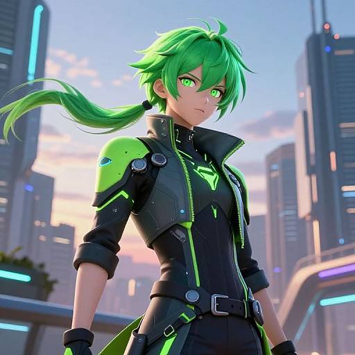 Digital artwork of a green-haired anime girl in a futuristic black and neon green outfit, standing in a cityscape with tall buildings and vibrant lights at sunset