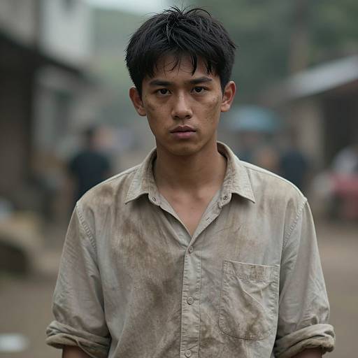 Photograph of a young Asian man with short, messy black hair, wearing a dirty, beige button-up shirt, standing in a blurred, outdoor market
