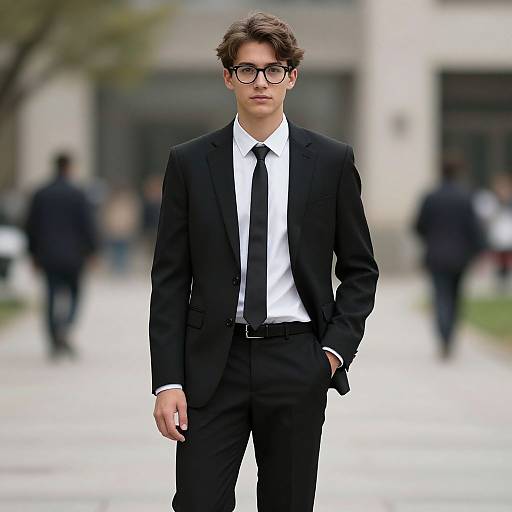 Photograph of a young man with wavy brown hair, black-rimmed glasses, wearing a black suit, white shirt, and black tie,