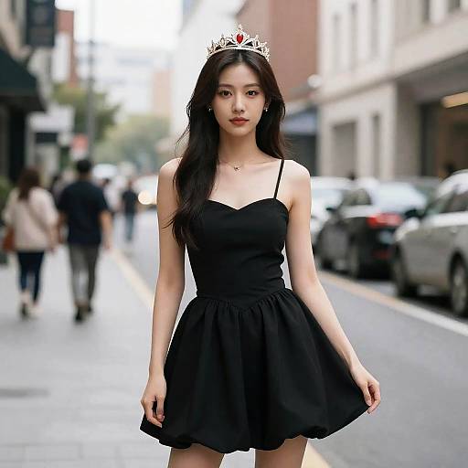 Photograph of an Asian woman with long black hair, wearing a black strapless dress, silver tiara, standing on a city street, blurred pedestrians