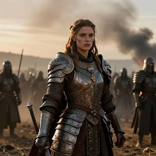 Photorealistic CGI of a determined, armored woman with brown hair, standing among medieval warriors in a battle-scarred, smoke-filled field.