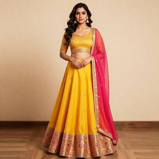 Photograph of a South Asian woman with long black hair, wearing a yellow and red traditional saree with gold embroidery, standing against a beige wall on