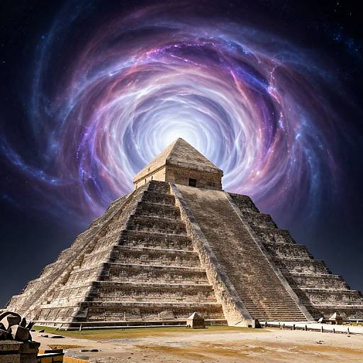 Photograph of a pyramid with a swirling, luminous, purple and white cosmic aura behind it, set against a dark night sky.