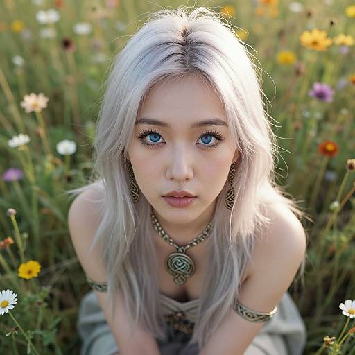 Photograph of a young woman with silver hair, blue eyes, and fair skin, wearing a necklace and arm bands, kneeling in a sunlit me