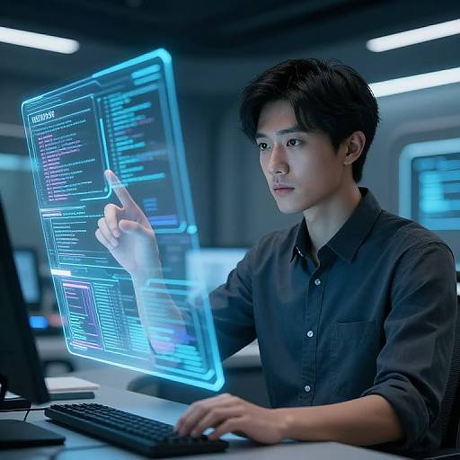 Asian man with short black hair, wearing a black shirt, interacts with a glowing blue holographic interface in a futuristic, dark-lit office.