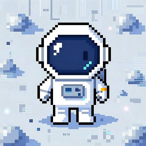 Pixel art of a white astronaut with a black visor, blue chestplate, and yellow arm detail, standing against a digital blue and white background.