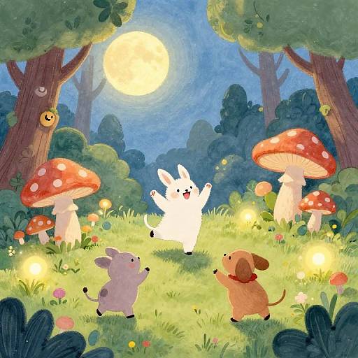 Whimsical forest scene: white bunny with arms up, surrounded by smiling mushroom, baby elephant, and brown dog, under glowing moon, surrounded by