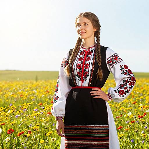 Photograph of a smiling young woman with braided brown hair, wearing a traditional white and black embroidered dress, standing in a sunlit, colorful wild