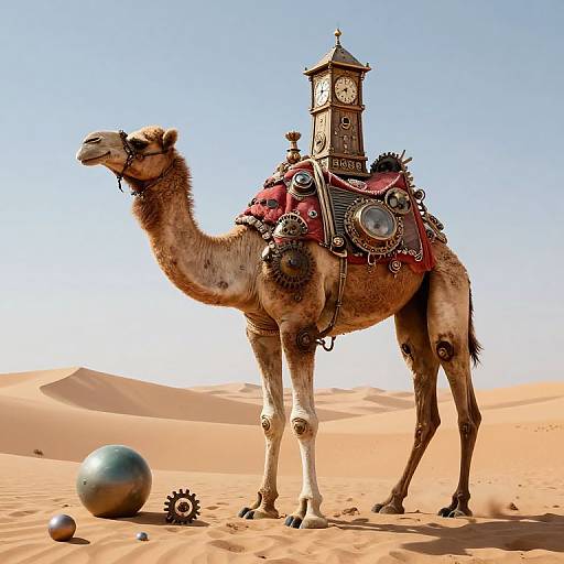Photograph of a decorated camel with a clock tower saddle in a desert, accompanied by metallic balls and gears on sand.