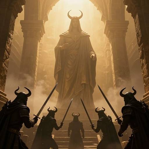 Digital artwork of five horned, armored warriors with swords standing at the base of a glowing, sunlit stone staircase, facing a towering, horned