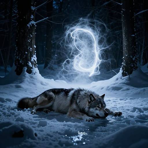 Photograph of a wolf lying on snowy ground in a dark forest, illuminated by a glowing, swirling blue light in the background.