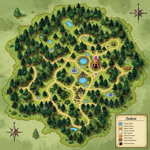 Fantasy forest map illustration featuring a central clearing with glowing blue ponds, wooden huts, and winding paths. Includes a compass and legend. Digital art