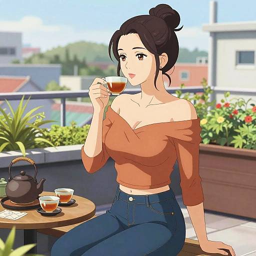 Chic Woman Enjoying Tea on Rooftop