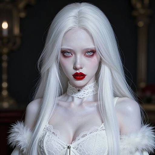 Digital art of a pale-skinned, white-haired woman with red lips, lace choker, and white lace top, against a dark, blurred background