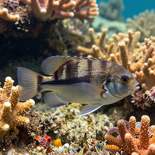 Photograph of a silver fish with dark striped patterns swimming among vibrant coral reefs, with various colorful corals in the background.