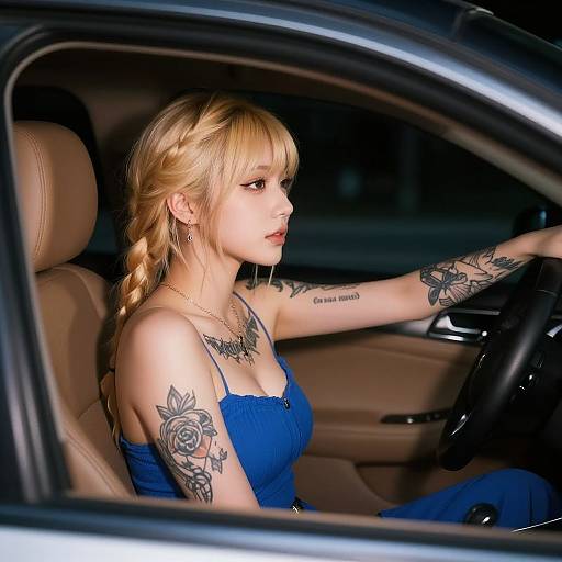 Photograph of a blonde woman with braided hair, blue dress, and tattoos, driving a black car at night, visible through the window.