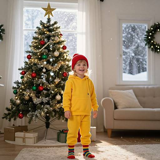 Photograph of a smiling toddler in a yellow hoodie, yellow pants, red hat, and colorful striped socks, standing in front of a Christmas tree in