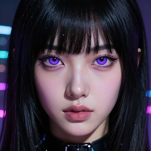Digital portrait of an Asian woman with striking purple eyes, black straight hair with bangs, and glossy lips, wearing a black collar, set against a