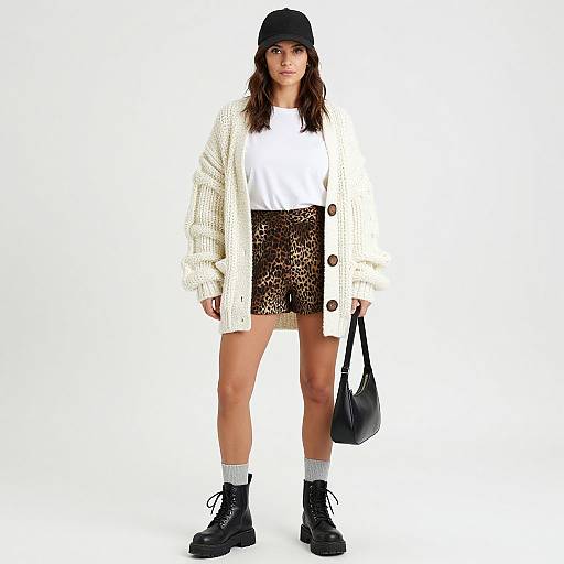Photograph of a young woman with long brown hair, black cap, white sweater, leopard print shorts, chunky knit cardigan, white socks,