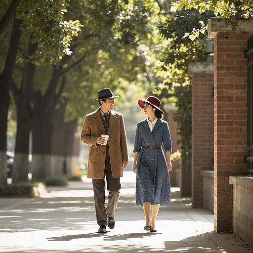 Sunlit Stroll: Couple on Tree-Lined Path