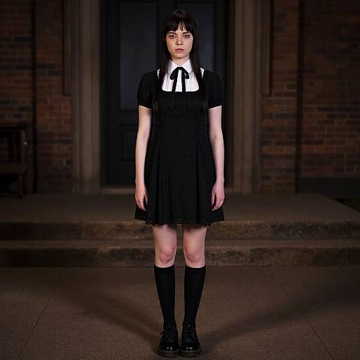Photograph of a pale-skinned young woman with straight black hair, wearing a black dress, white collar, black tie, black knee socks, and