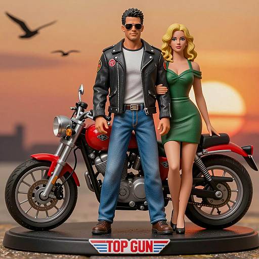 Top Gun Couple Figurine with Motorcycle Sunset