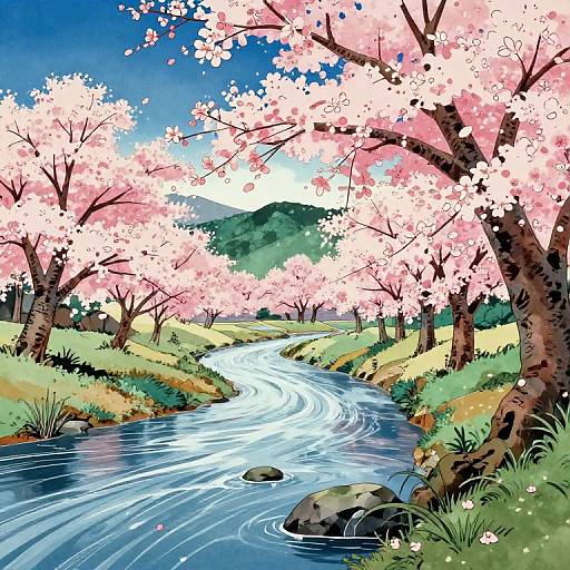 Digital illustration of a winding blue river with pink cherry blossoms, green hills, and a distant mountain under a bright blue sky.