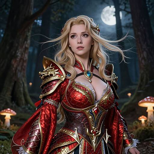 Digital art of a blonde woman in red and gold fantasy armor with a turquoise gem, standing in a moonlit forest with glowing mushrooms.
