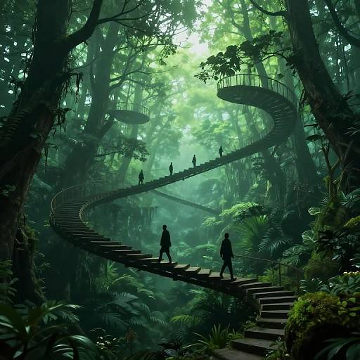 Digital artwork of a lush, dense jungle with a winding, spiral staircase leading up and down, silhouetted figures walking along it, bathed