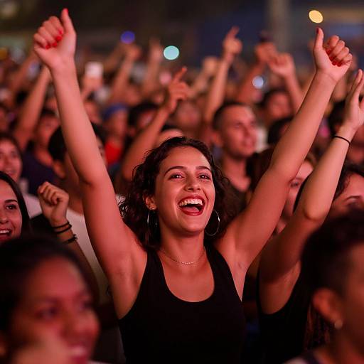 Photograph of a joyful, dark-haired woman in a black sleeveless top, arms raised, smiling widely, surrounded by a cheering crowd in a dim