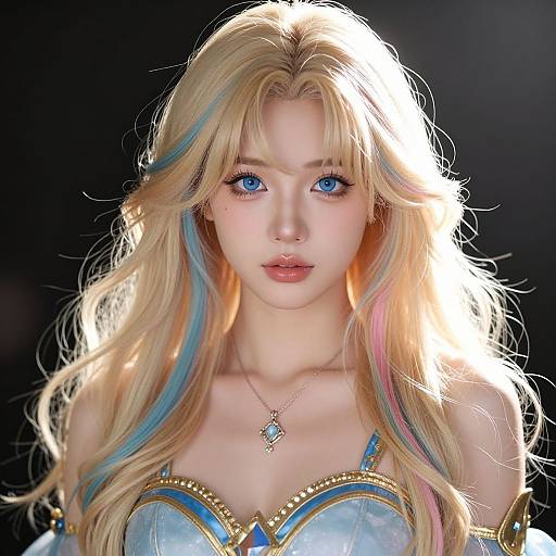 Digital anime-style portrait of a blonde woman with blue eyes, wearing a blue and gold armored top, and a star-shaped necklace, set against a black