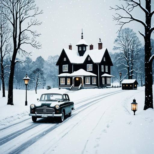 Vintage Car on Snowy Road by Black House