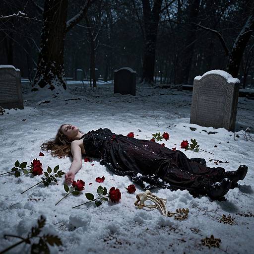 Photograph of a pale woman in a black dress, lying in snow with red roses, in a dark, snowy cemetery.