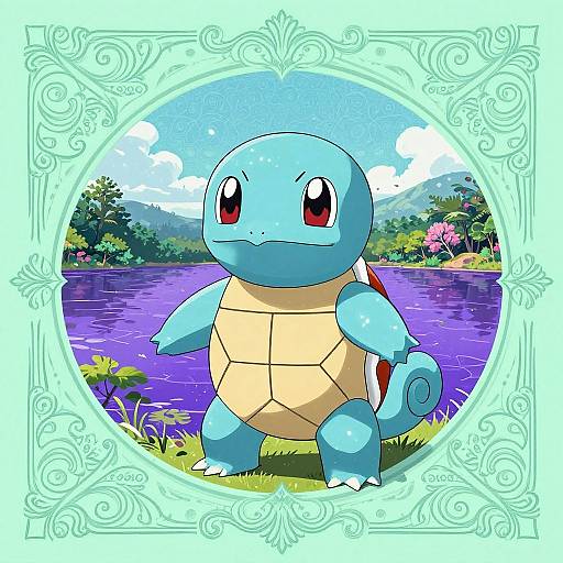 Digital illustration of blue, cartoon turtle with red eyes and beige shell, standing by a vibrant, purple lake surrounded by flowers and mountains, framed in orn
