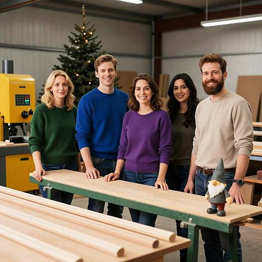 Cheerful Group in Woodworking Workshop