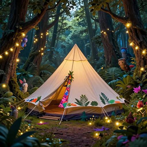 Photograph of a glowing, fairy-lit, white tent in a lush forest, adorned with colorful flowers and surrounded by whimsical, glowing creatures.