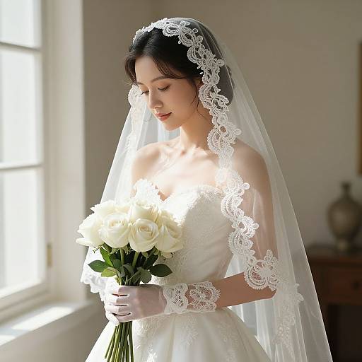 Photograph of an Asian bride with fair skin, dark hair, wearing a lace veil and white lace-trimmed wedding dress, holding a bouquet of