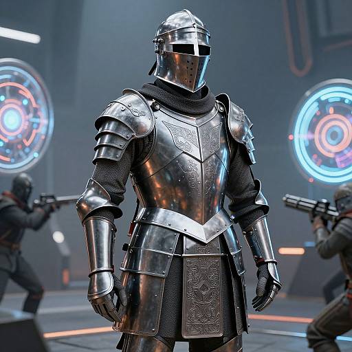 CGI image of a knight in shiny, intricate silver armor with a visored helmet, standing confidently in a futuristic, neon-lit arena with two