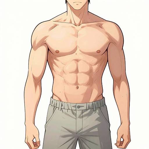 Digital anime-style drawing of a muscular, shirtless man with light skin, short black hair, and gray pants, showcasing a defined chest and abs against